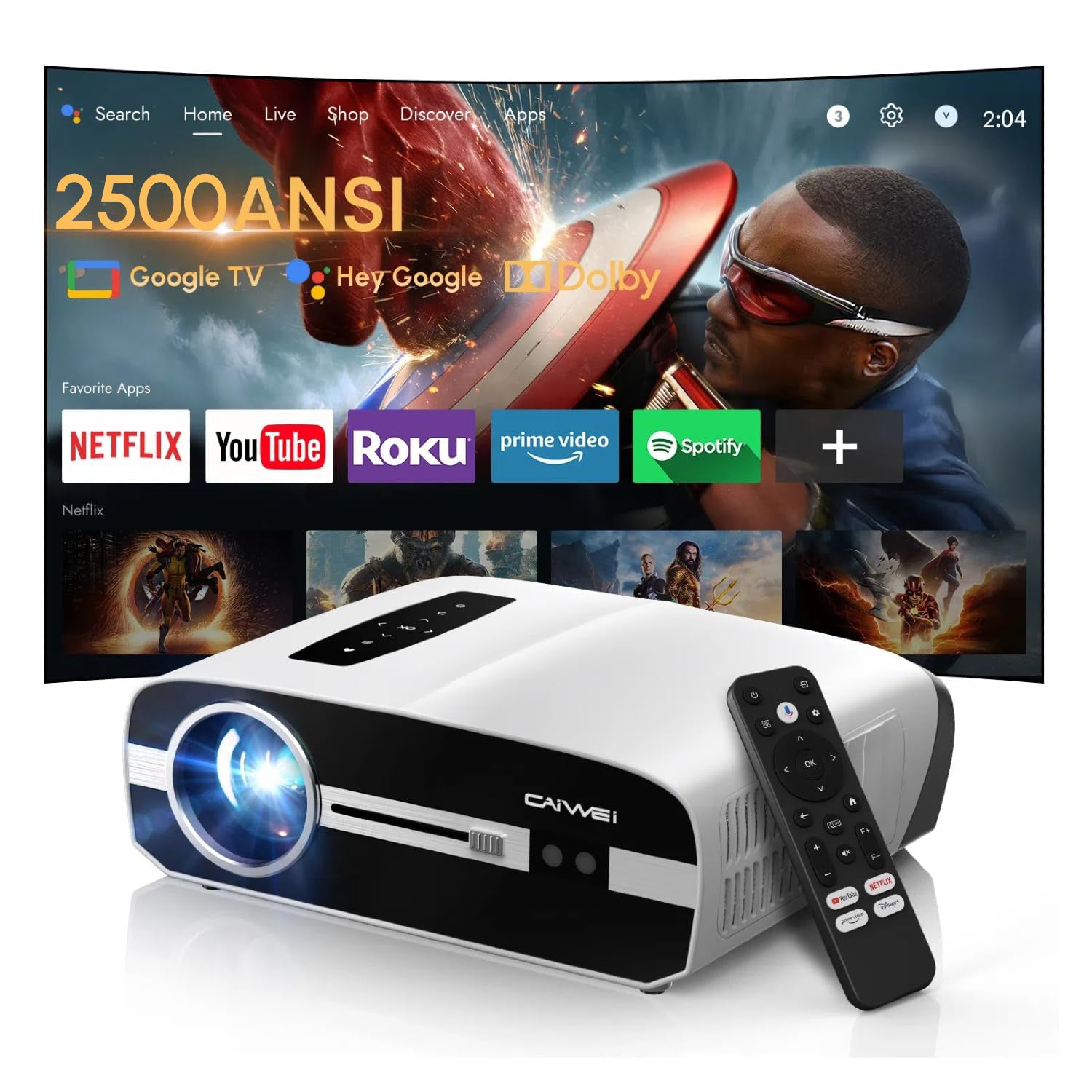 CAIWEI A9S Google TV 2500 ANSI Home Theater Projector with WiFi6 Bluetooth, Dolby Audio, 30W Speaker, ToF Laser Auto Focus & Keystone, NFC Screencast for Gaming Business Outdoor Night