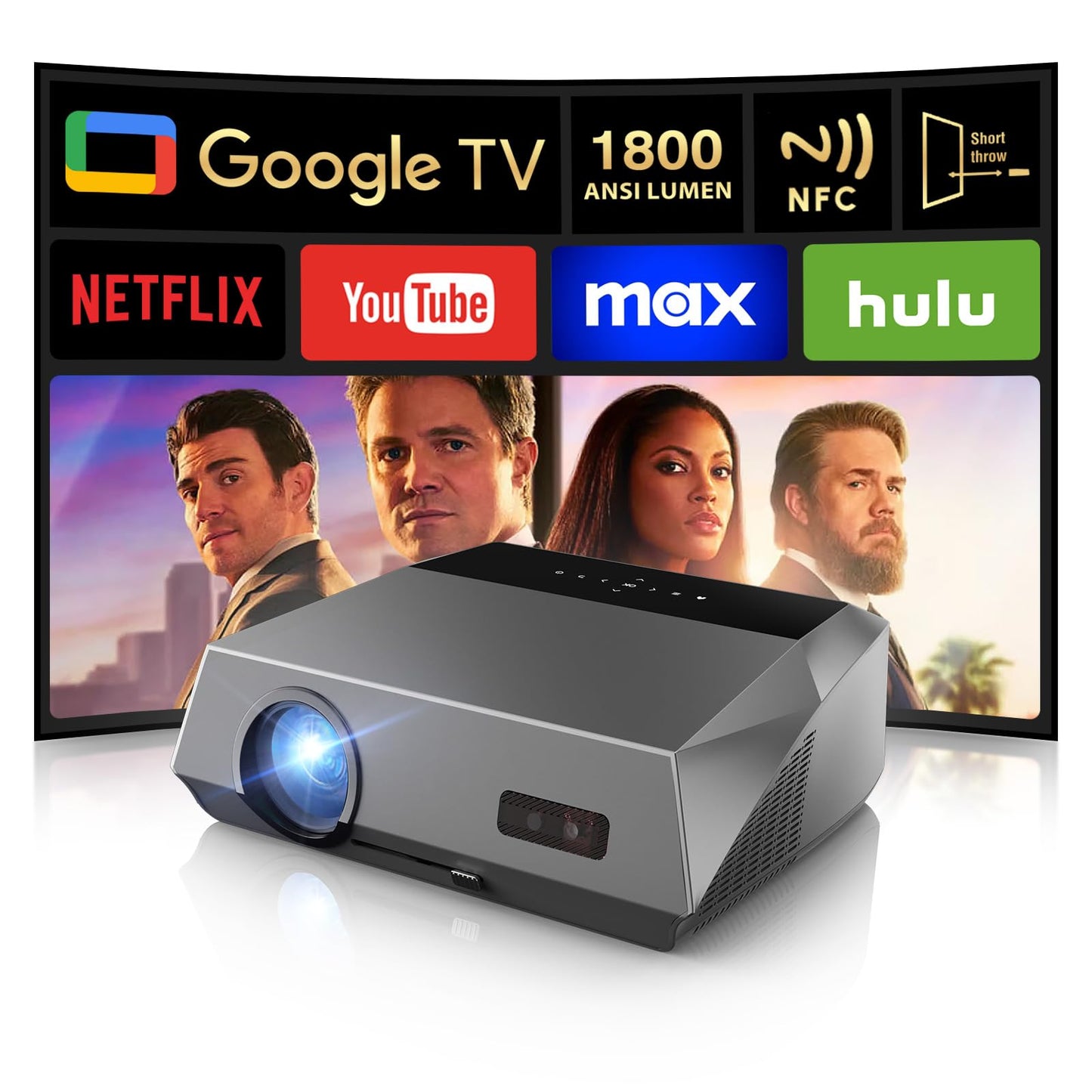 CAIWEI A10Q 4K Google TV Daytime Projector 1800 ANSI Ultra HD Smart Daylight Projector with ToF CMOS Auto Focus, 1.2 Short Throw, Dolby, Bluetooth WiFi6 for Bright Room, Home Theater, Outdoor Movie, Ceiling Mount
