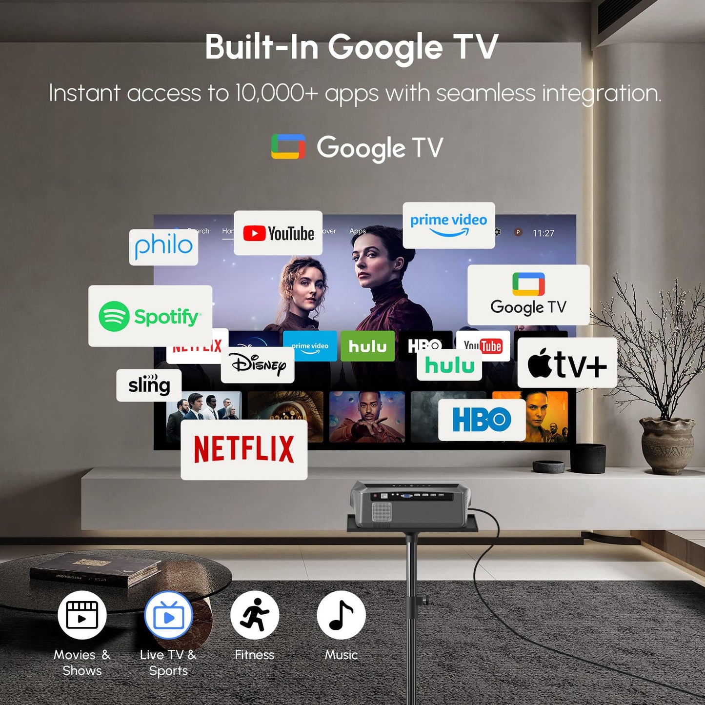 CAIWEI A10Q 4K Google TV Daytime Projector 1800 ANSI Ultra HD Smart Daylight Projector with ToF CMOS Auto Focus, 1.2 Short Throw, Dolby, Bluetooth WiFi6 for Bright Room, Home Theater, Outdoor Movie, Ceiling Mount