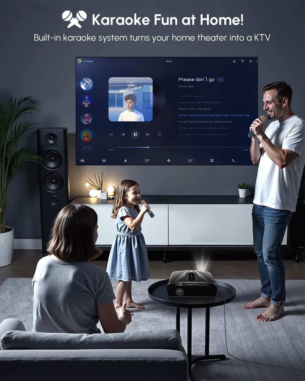 CAIWEI A9T Karaoke Daytime Projector 4200 ANSI 4K Smart Daylight Projector with ToF+CMOS Laser Autofocus, 1.2 Short Throw, HDMI ARC, Android TV Dual Mircophone NFC for Bright Room Home Theater Business