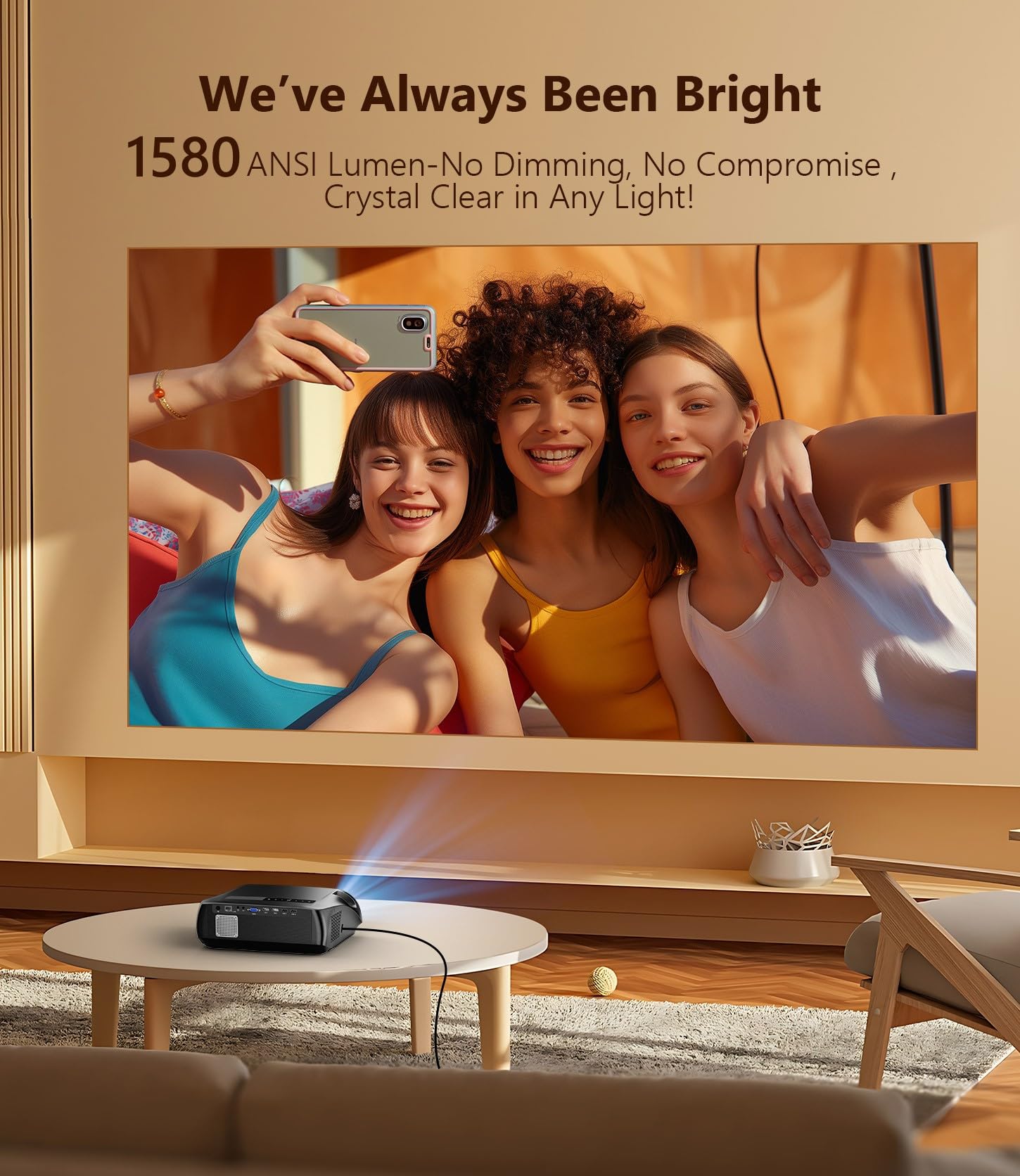 CAIWEI A10R 4K Smart Daytime Projector, 1580ANSI High-Brightness Home Theater Projector with 300" Huge Display, NFC WiFi6 Bluetooth 5.2, 2G+32G Android TV 9.0