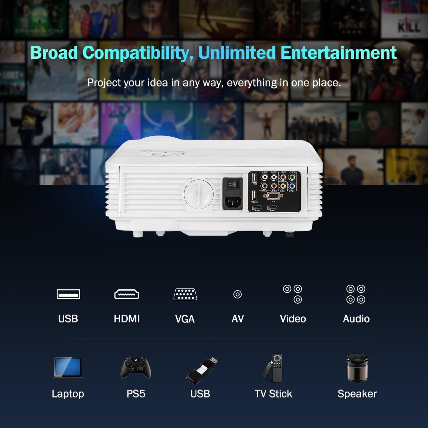 CAIWEI LED LCD 8000 Lumens 1080P Wireless Bluetooth Video Projectors, Compatible with iOS/Android