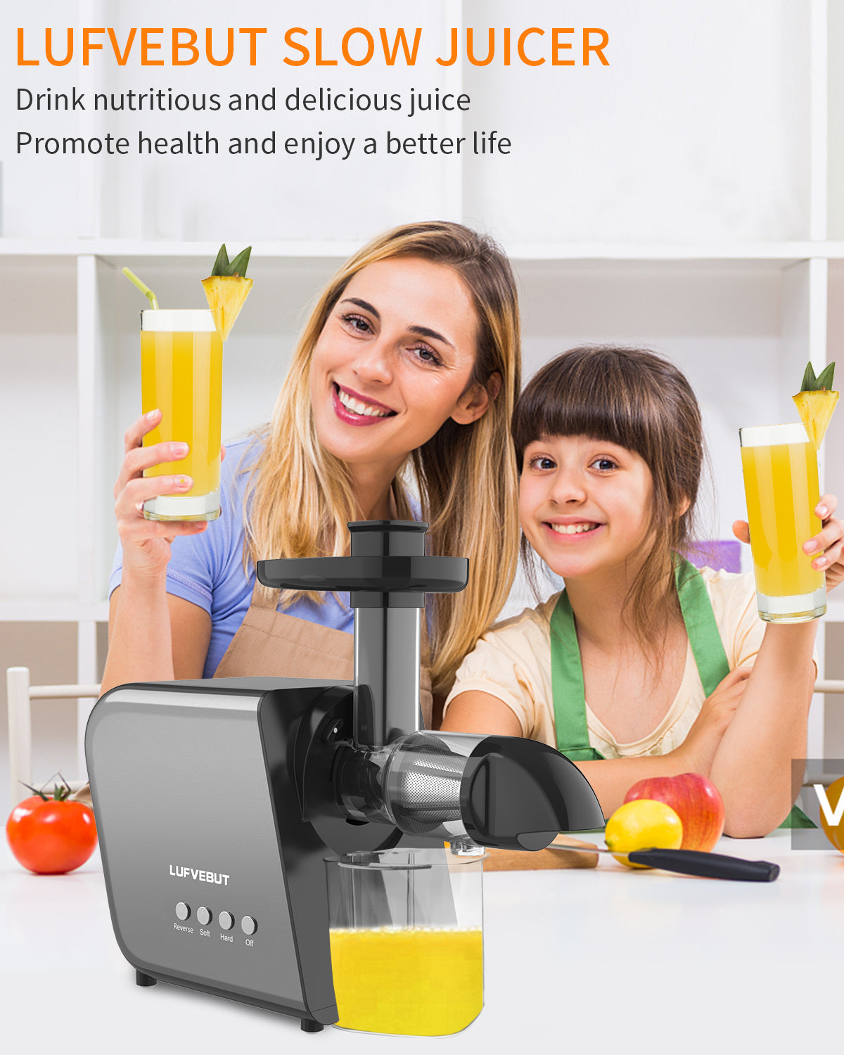 LUFVEBUT Easy To Clean Slow Juicer Cold Press Juice Machine - BP800, Black