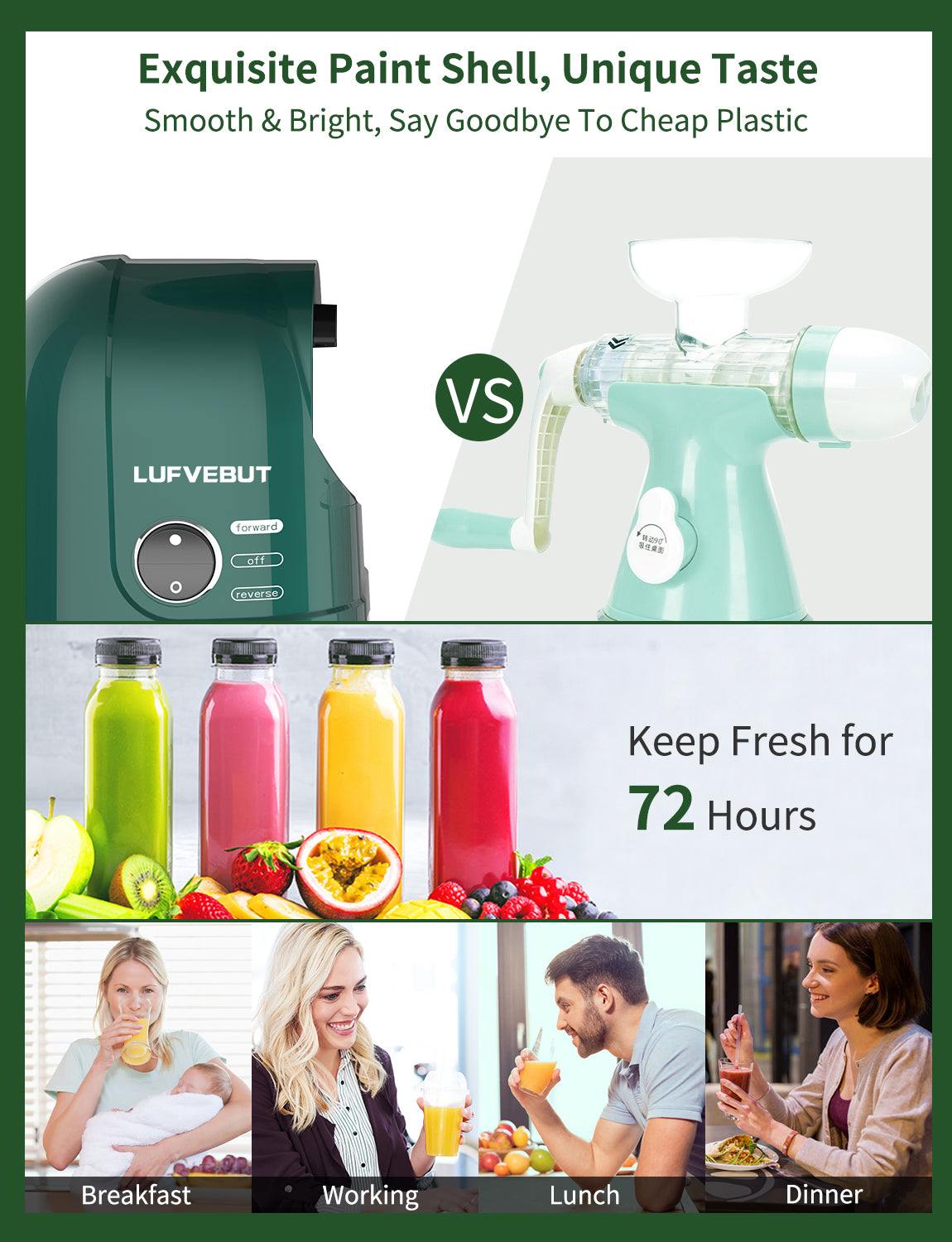 LUFVEBUT Compact Vegetables & Fruit Slow Juicer - BP8038, Peacock Green