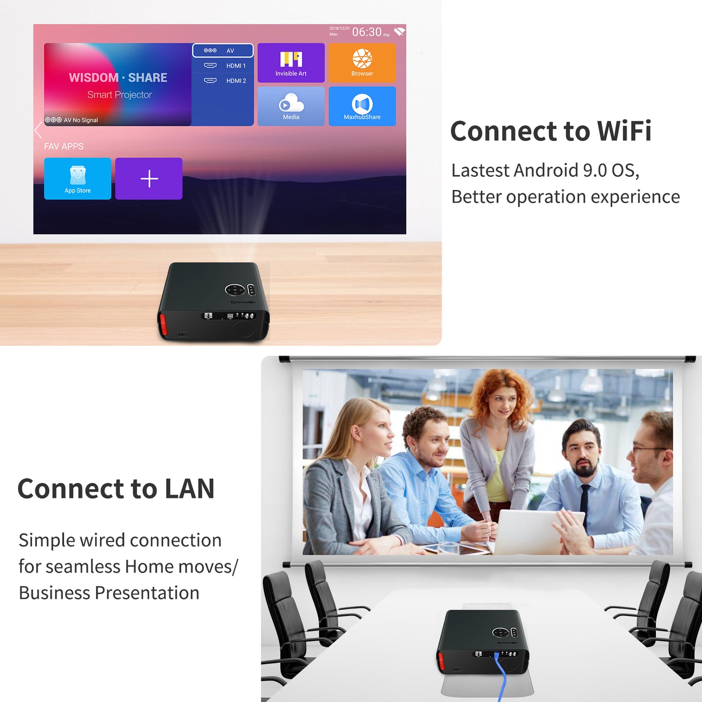 CAIWEI Android 9.0 WIFI Projector 1080P Full HD Bluetooth Wireless Smart for Netflix Youtube Sportify Apps