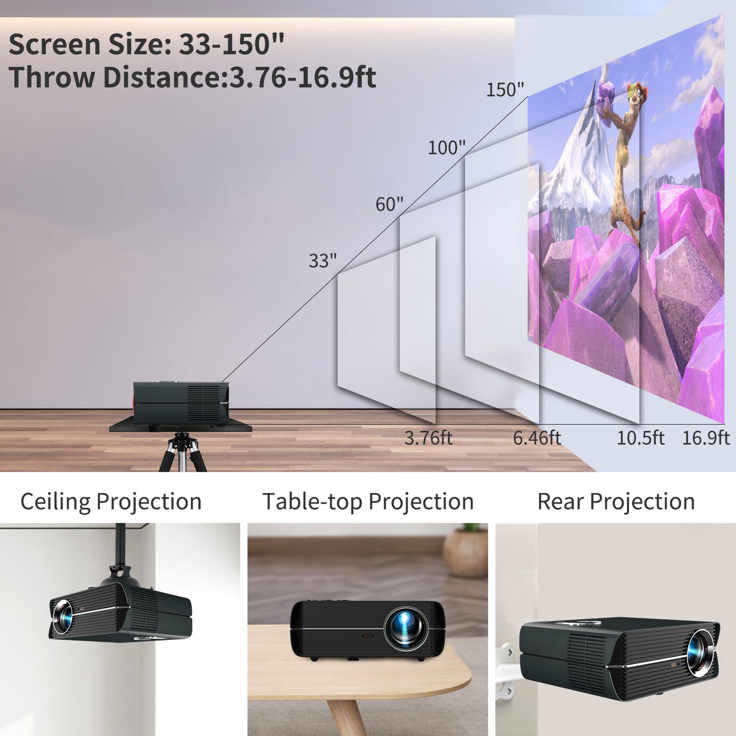 CAIWEI Android 9.0 WIFI Projector 1080P Full HD Bluetooth Wireless Smart for Netflix Youtube Sportify Apps