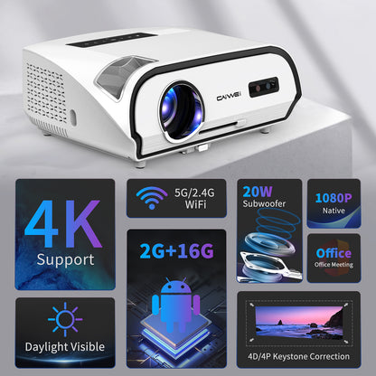 CAIWEI High Lumen 4K Projectors Daylight 1100 ANSI/14300LM, 5G WiFi Bluetooth Smart LCD Android TV Projector with Apps Netflix Prime Video Airplay, Zoom, HDMI ARC, USB, RJ45 for Home Theater Outdoor Office