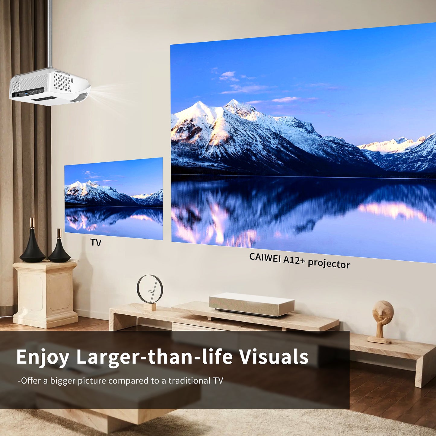 CAIWEI High Lumen 4K Projectors Daylight 1100 ANSI/14300LM, 5G WiFi Bluetooth Smart LCD Android TV Projector with Apps Netflix Prime Video Airplay, Zoom, HDMI ARC, USB, RJ45 for Home Theater Outdoor Office