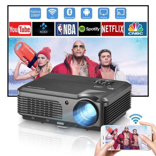 CAIWEI 1080P HD WiFi Projector with Android Bluetooth HDMI USB RCA HiFi Speakers (7500 Lumens)