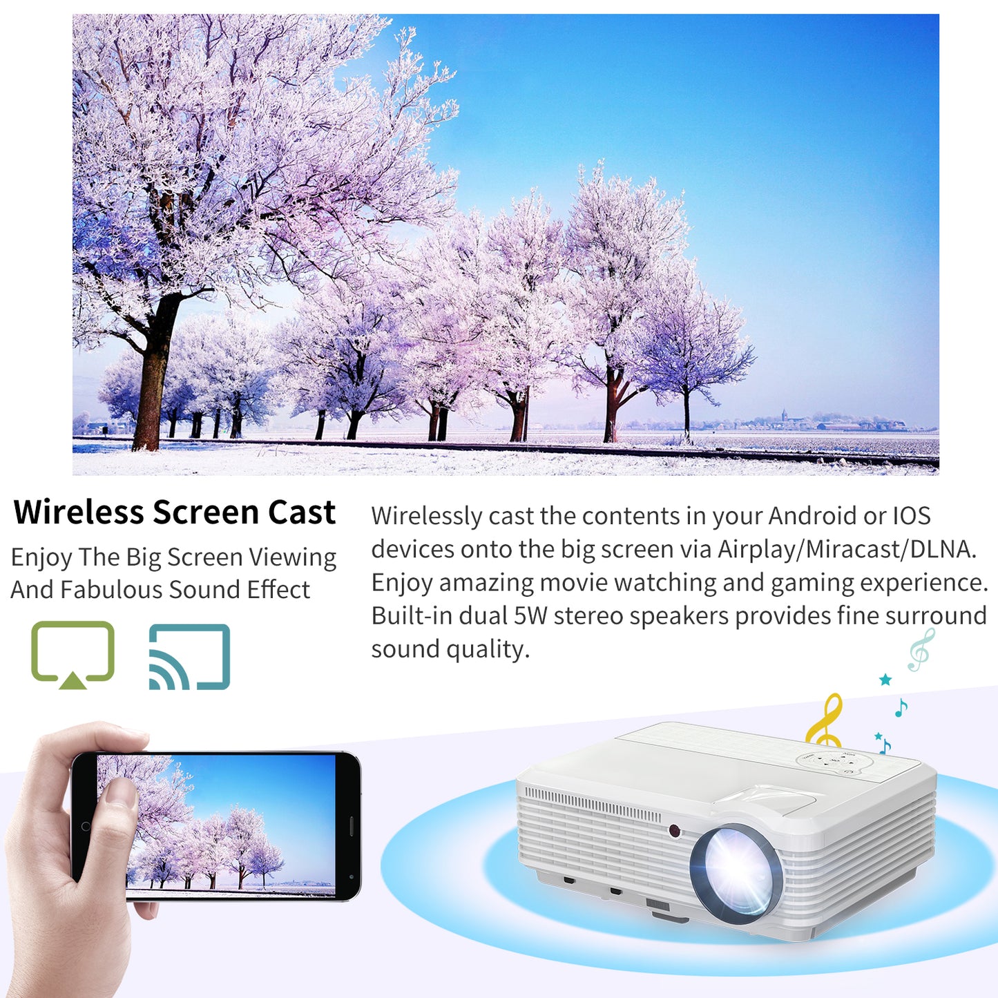 CAIWEI LED LCD 8000 Lumens 1080P Wireless Bluetooth Video Projectors, Compatible with iOS/Android